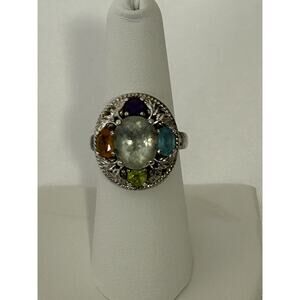 Beautiful Vtg Sterling QCD Designer Multi Gem Ring. Size 7.5
